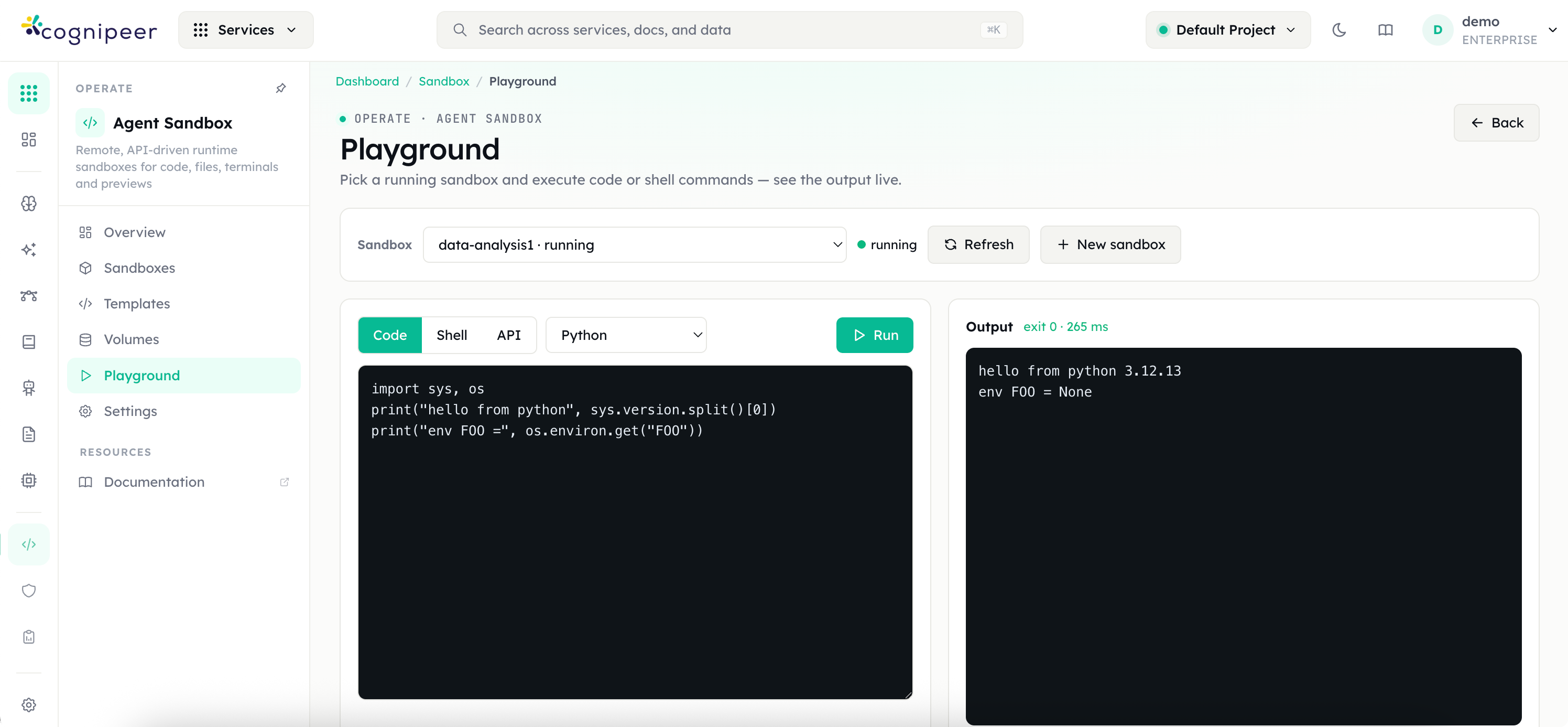 Running Python code inside Cognipeer Agent Sandbox Playground with live output