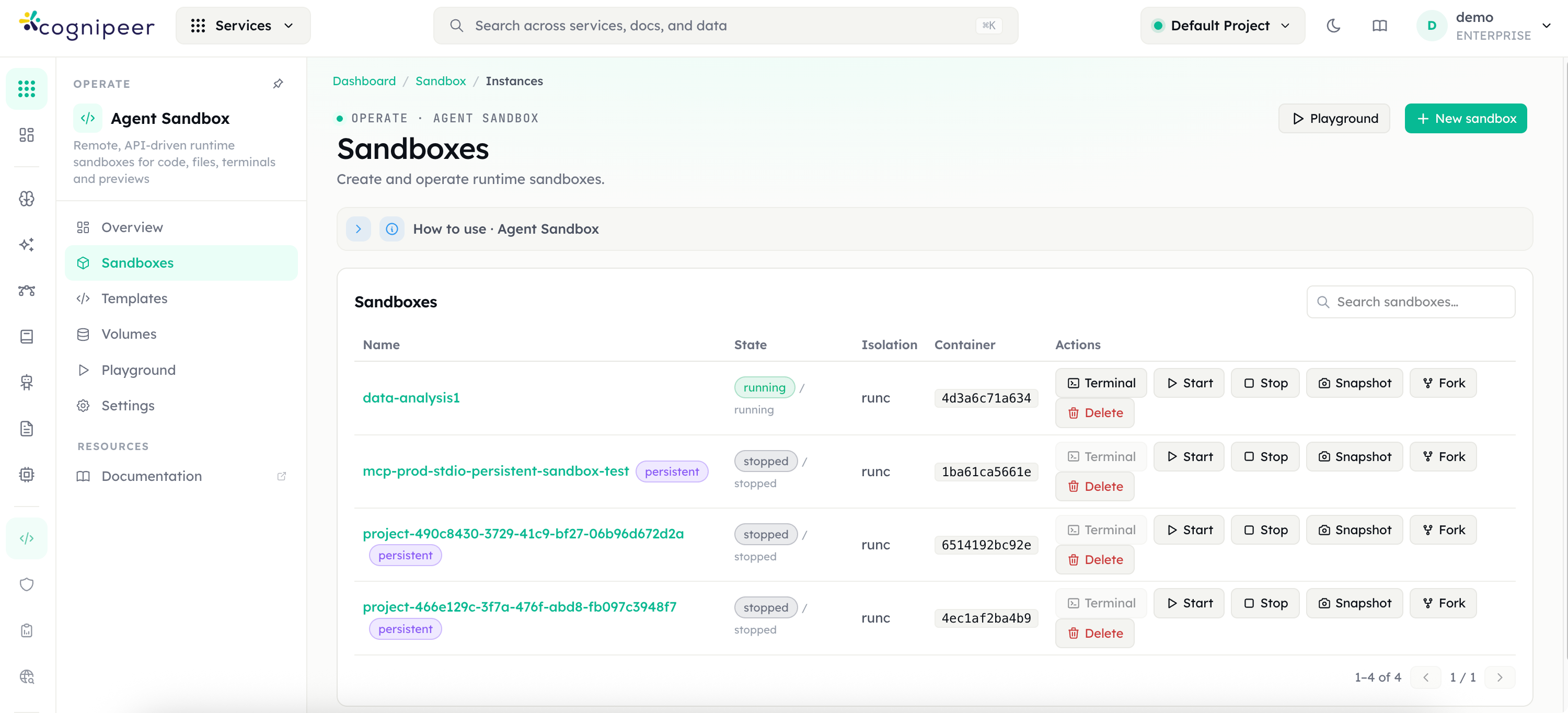 Cognipeer Agent Sandbox list showing a running sandbox container and available actions