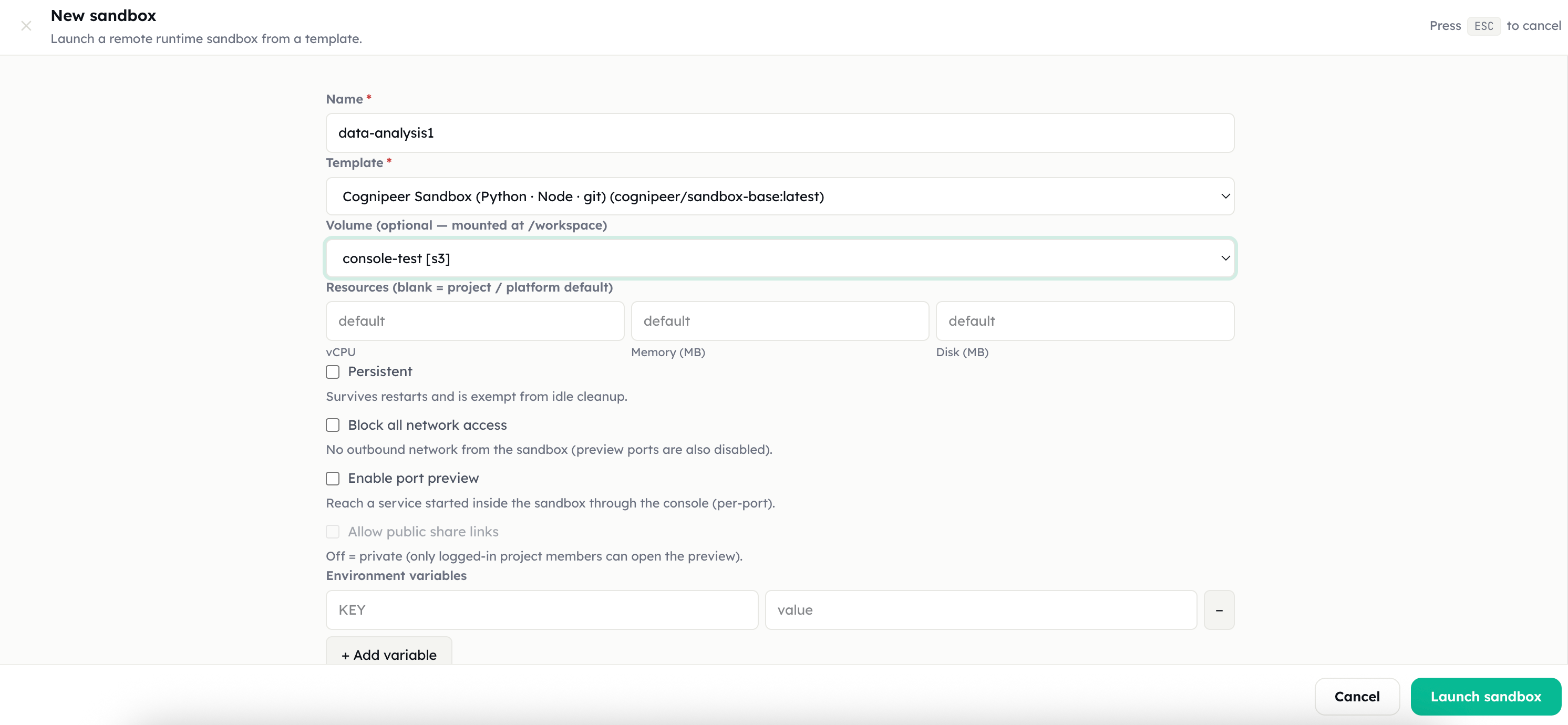 Creating a new Cognipeer Agent Sandbox with Python, Node, Git template and persistent volume